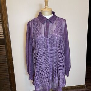 Pretty Angel Blouse Large Linen Crochet Overlay Purple with Black Dots